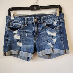 Aeropostale Women's Distressed Denim Midi Shorts Blue Wash Cuffed Size 6
